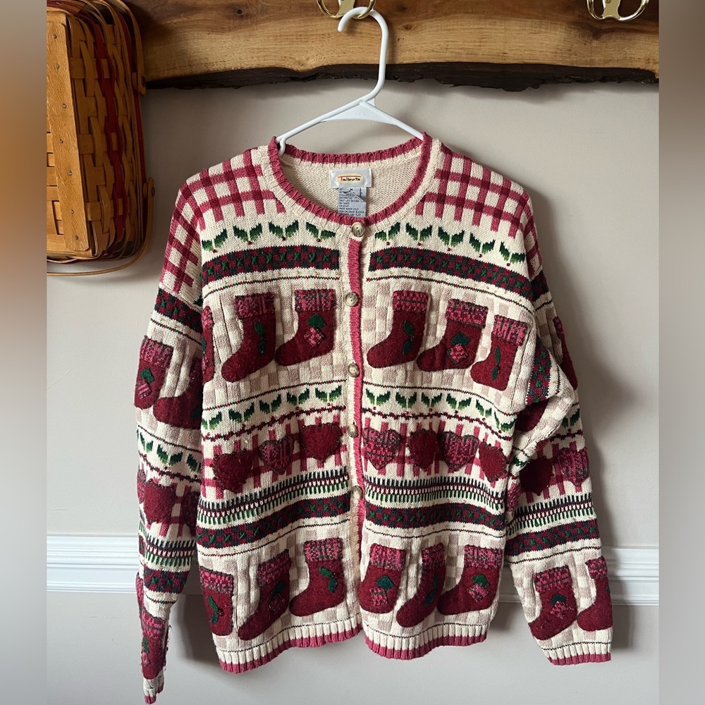RARE Talbots Christmas Stocking Hearts Mistletoe Cardigan Sweater M